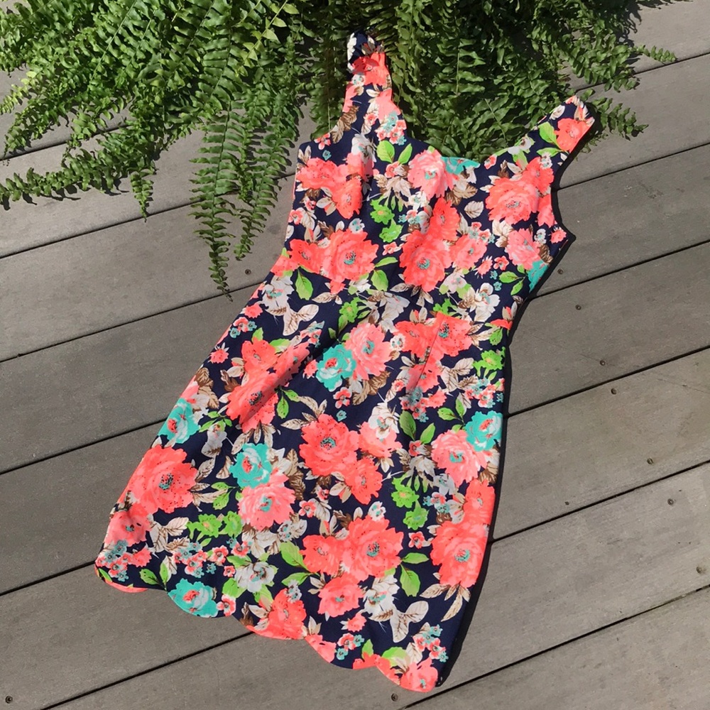 Bodycon Hot Pink Floral Dress Scalloped Neckline